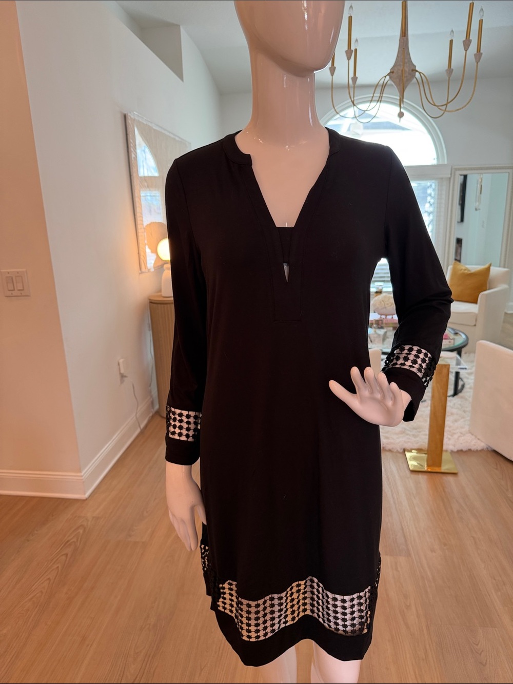 Susan Graver Black Midi Dress with Contrast Lace Trim